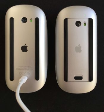 Dwie generacje Magic Mouse. Po lewej ładowanie od spodu...